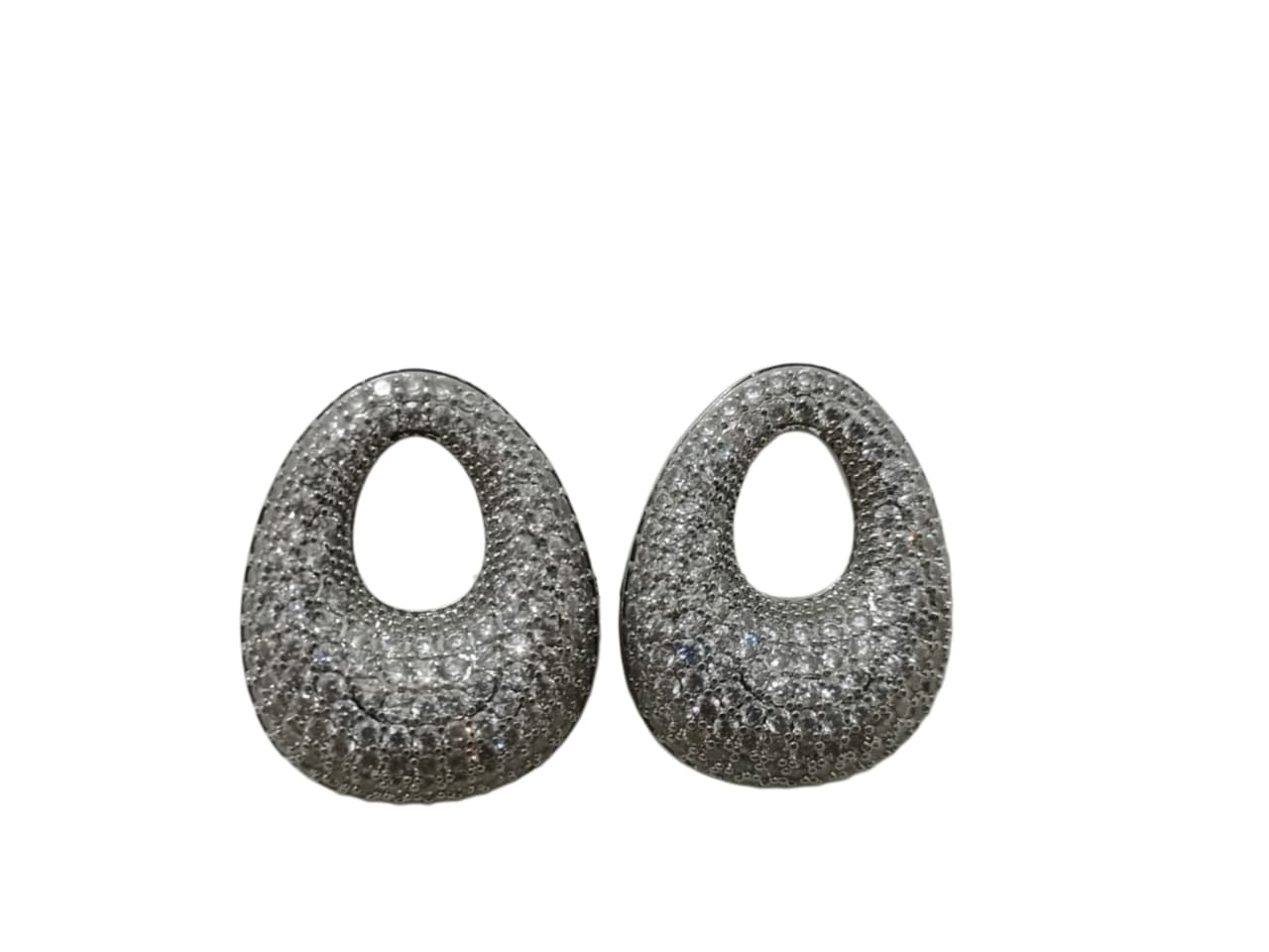 American Diamond Oval Open-Centre Pave Dome Stud Earrings in Silver Rhodium Finish