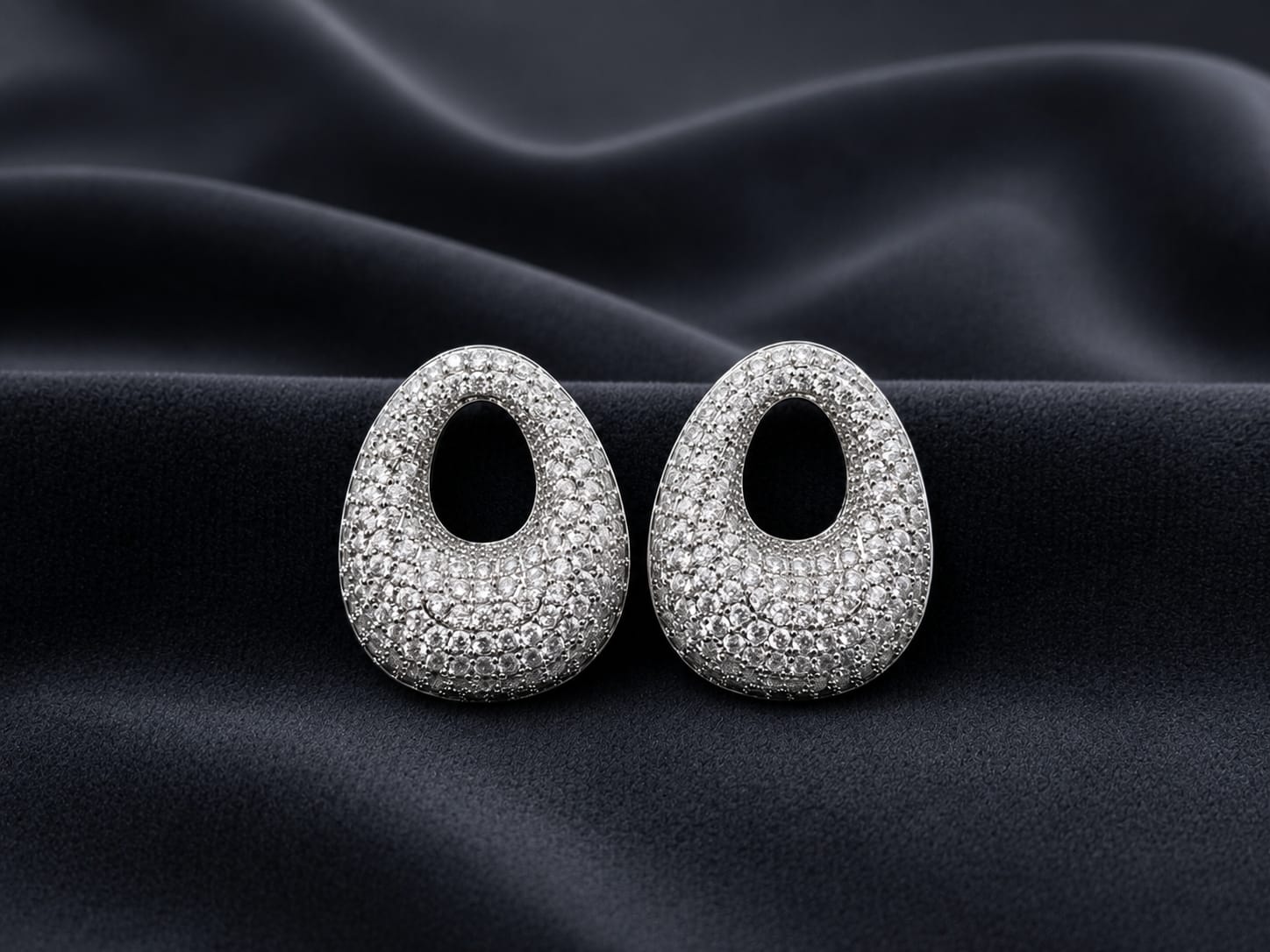 American Diamond Oval Open-Centre Pave Dome Stud Earrings in Silver Rhodium Finish – view 2