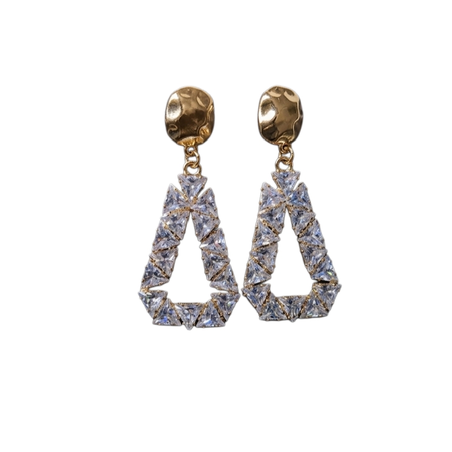 Gold-Toned Hammered Stud with Triangular CZ Mosaic Trapezoid Drop Earrings