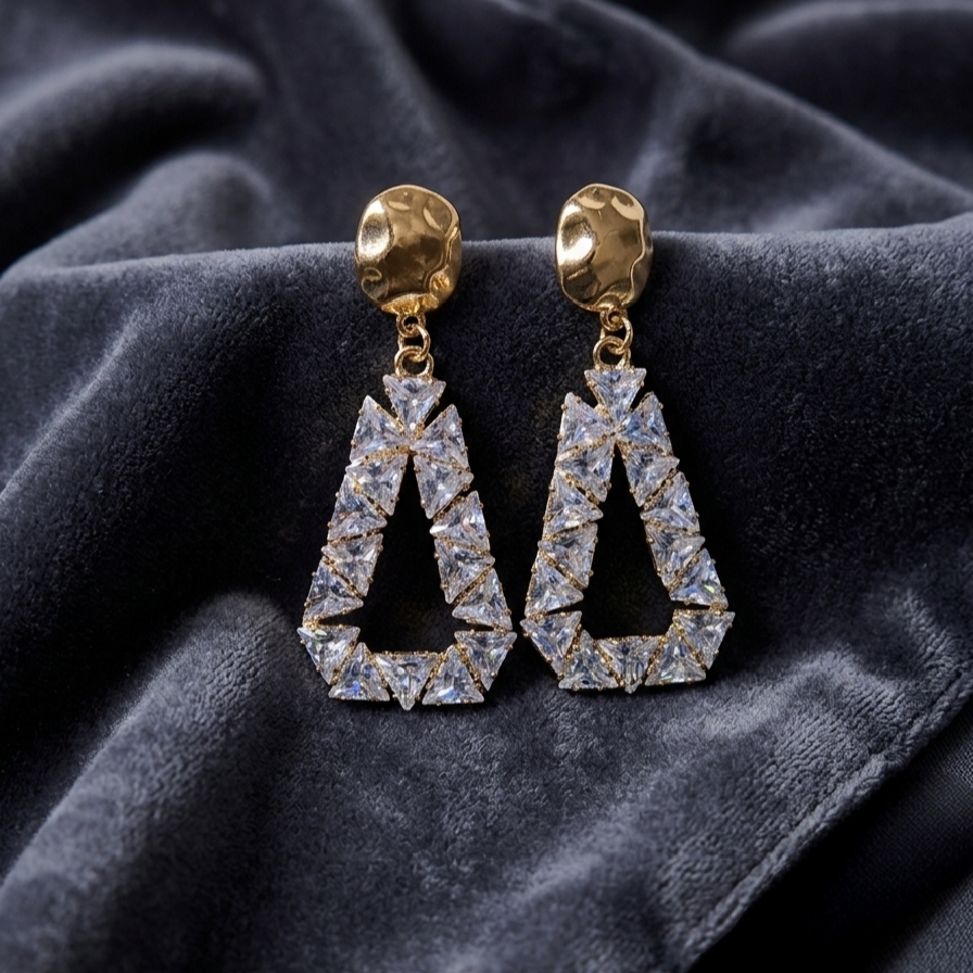 Gold-Toned Hammered Stud with Triangular CZ Mosaic Trapezoid Drop Earrings – view 2