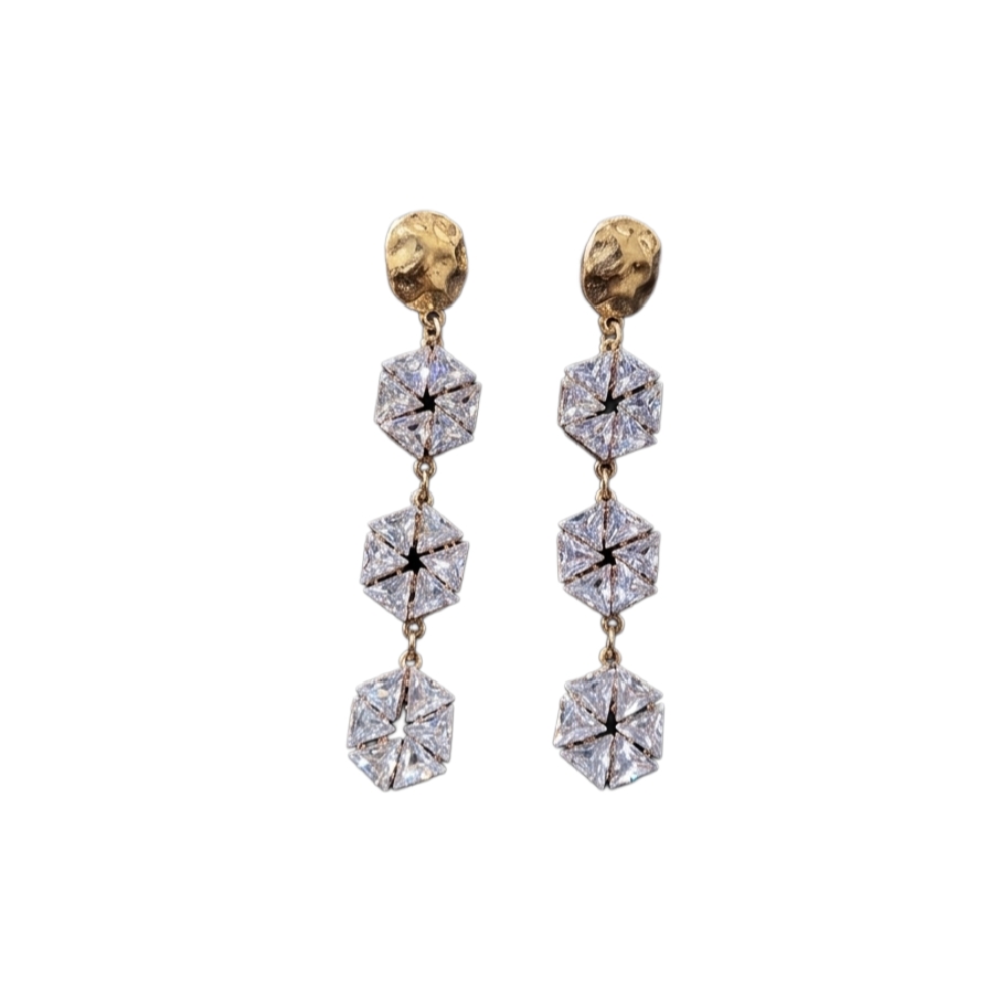 Gold-Toned Hammered Stud with Triple Hexagon CZ Cluster Linear Drop Earrings