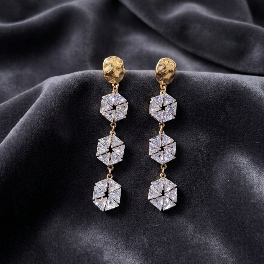 Gold-Toned Hammered Stud with Triple Hexagon CZ Cluster Linear Drop Earrings – view 2