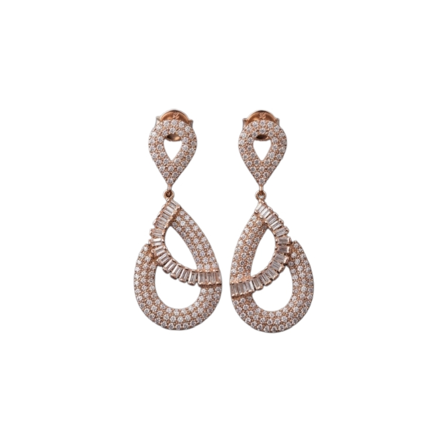 Rose Gold-Toned Pave & Baguette CZ Interlocking Double Teardrop Drop Earrings