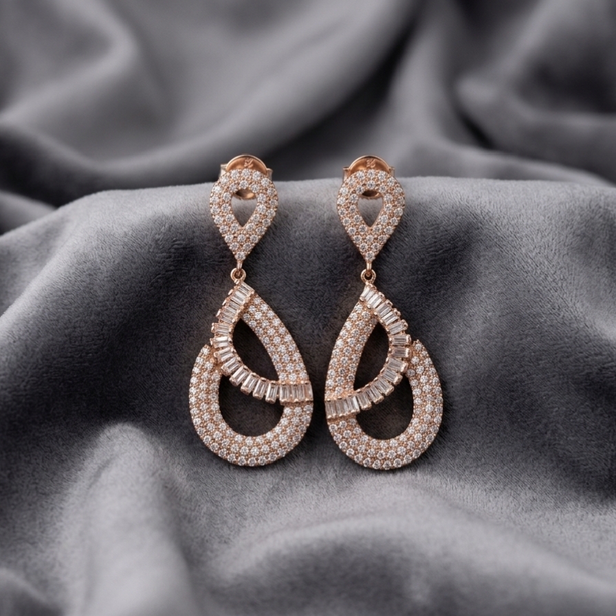 Rose Gold-Toned Pave & Baguette CZ Interlocking Double Teardrop Drop Earrings – view 2