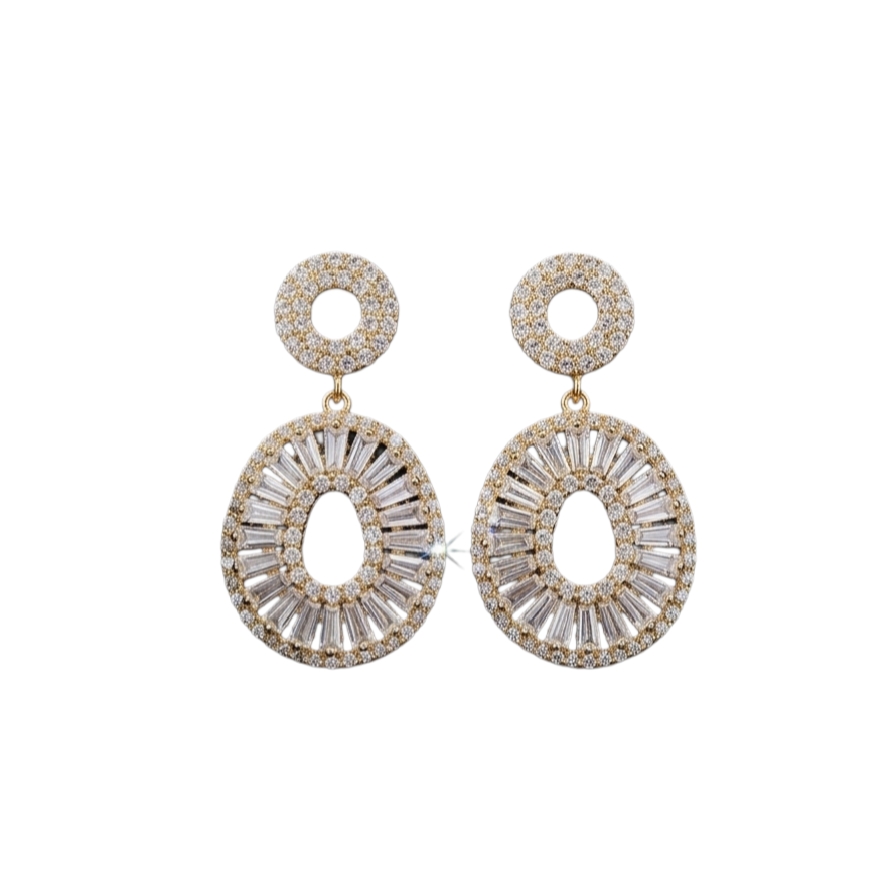 Gold-Toned Baguette CZ Sunburst Halo Oval Drop Earrings with Mini Halo Stud