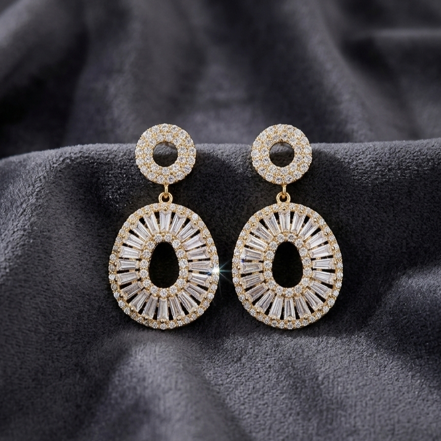 Gold-Toned Baguette CZ Sunburst Halo Oval Drop Earrings with Mini Halo Stud – view 2