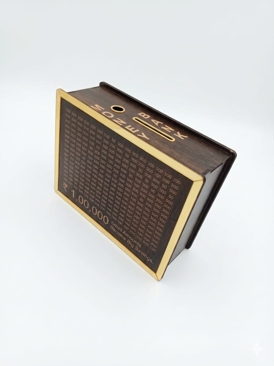 Wooden Money Bank Box – ₹1,00,000 Savings Challenge Cash Box